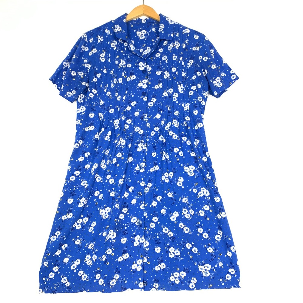 Vintage Floral Pintuck Button Front Dress Blue Rose Polka Dot Short Sleeve